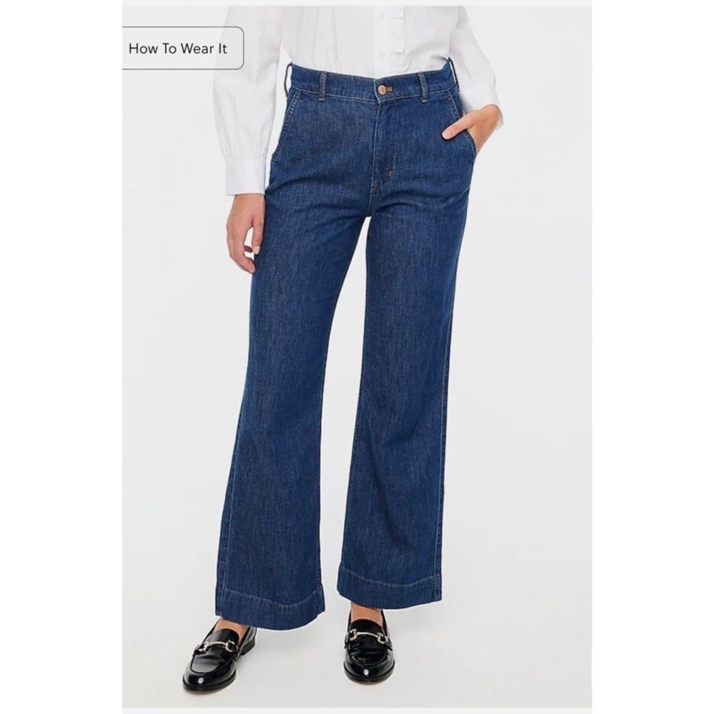 J Crew 30 High Rise Trouser Jean Wide Leg All Day Stretch Dark Indigo